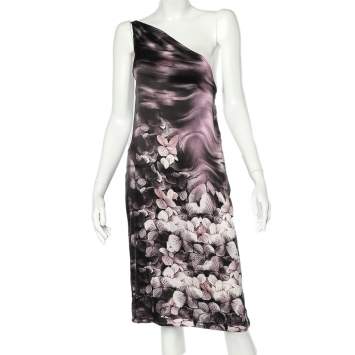 Pre Owned Roberto Cavalli Purple Floral Printed Stretch Satin One Shoulder Mini Dress M