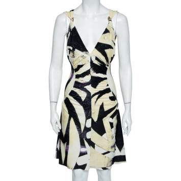 Pre Owned Roberto Cavalli Yellow & Black Abstract Printed Jersey Ruched Midi Dress M