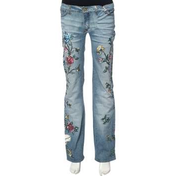 Pre Owned  Roberto Cavalli Blue Floral Embroidered Denim Wide Leg Jeans XS
