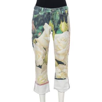 Pre Owned  Roberto Cavalli White Floral Printed Denim Cuffed Hem Jeans XS