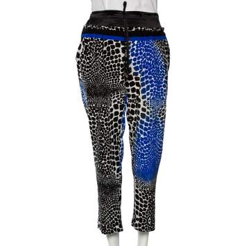 Pre Owned Roberto Cavalli Black & Blue Silk Printed Straight Fit Pants L
