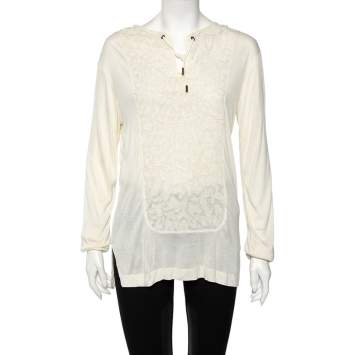 Pre Owned Roberto Cavalli Cream Textured Cotton Jersey Top L 