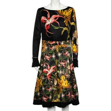 Pre Owned Roberto Cavalli Multicolored Printed Sateen Pleated Midi Dress L 