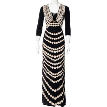 Pre Owned Roberto Cavalli Black Pearl Print Jersey Brooch Detail Maxi Dress S