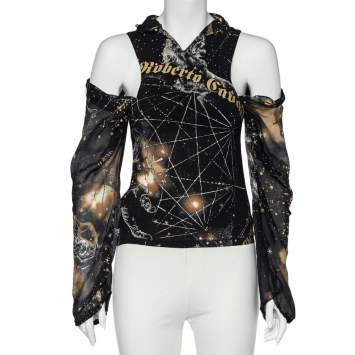 Pre Owned Roberto Cavalli Black Printed Silk Cold Shoulder Blouse M