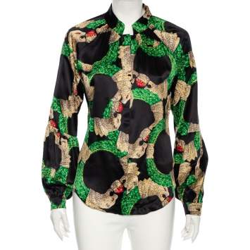 Pre Owned Roberto Cavalli Black Embellished Print Silk Button Front Shirt S