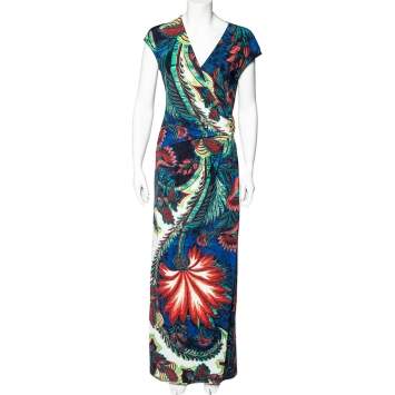 Pre Owned Roberto Cavalli Multicolor Printed Jersey Faux Wrap Maxi Dress L