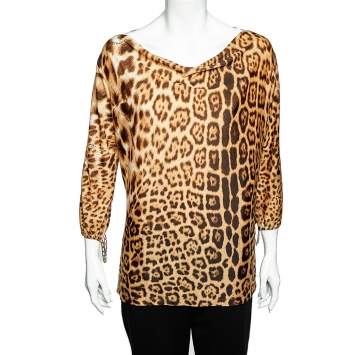 Pre Owned Roberto Cavalli Vintage Brow Animal Printed Knit Top XL