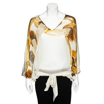 Pre Owned Roberto Cavalli Cream Chain Print Silk Tie Detail Sheer Kaftan Top M