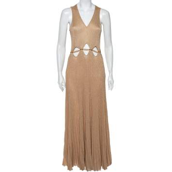 Pre Owned Roberto Cavalli Gold Rib Lurex Knit Waist Cut Out Detail Evening Dress S