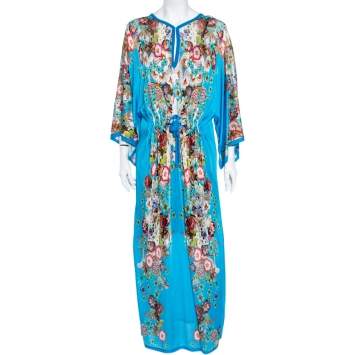 Pre Owned Roberto Cavalli Blue Floral Printed Knit Waist Tie Detail Kaftan M