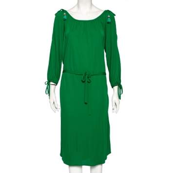 Pre Owned Roberto Cavalli Green Jersey Cold Shoulder Tassel Tie Detailed Belted Dress M