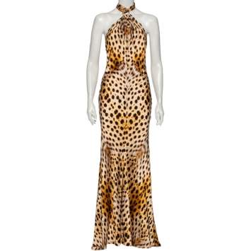 Pre Owned Roberto Cavalli Brown Animal Printed Silk Satin Halter Neck Dress M