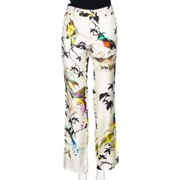 Pre Owned Roberto Cavalli Multicolored Bird Print Silk Contrast Trim Detailed Trousers M