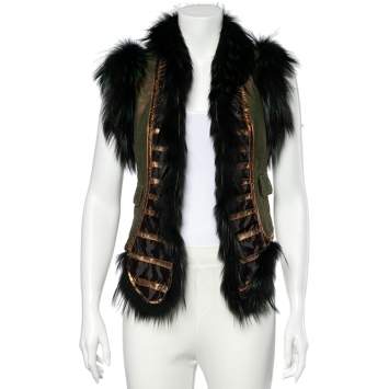 Pre Owned Roberto Cavalli Green Leather And Fox Fur Lined Vest S