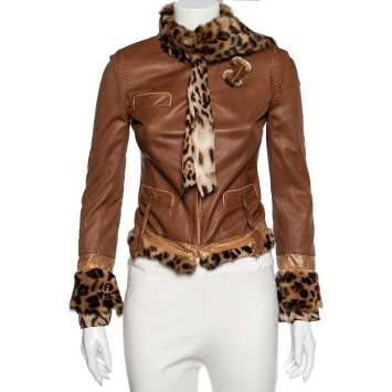 Pre Owned Roberto Cavalli Brown Leather Fur Lined Jacket S