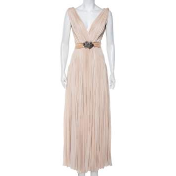 Pre Owned Roberto Cavalli Beige Knit Plisse Detail Sleeveless Belted Maxi Dress S