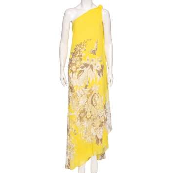 Pre Owned Roberto Cavalli Yellow Printed Silk Chiffon One Shoulder Toga Cape Dress M