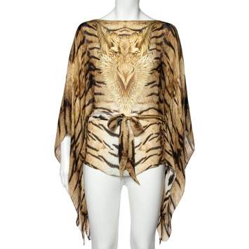 Pre Owned Roberto Cavalli Beige Eagle Animal Print Silk Belted Kaftan Top M