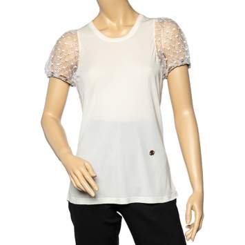 Pre Owned Roberto Cavalli White Jersey Lace Puff Sleeve T-Shirt M