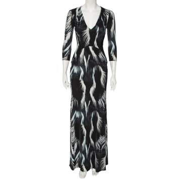 Pre Owned Roberto Cavalli Monochrome Printed Jersey V-Neck Maxi Dress M