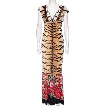 Pre Owned Roberto Cavalli Multicolor Printed Jersey Lace Trim Plunge Neck Maxi Dress M