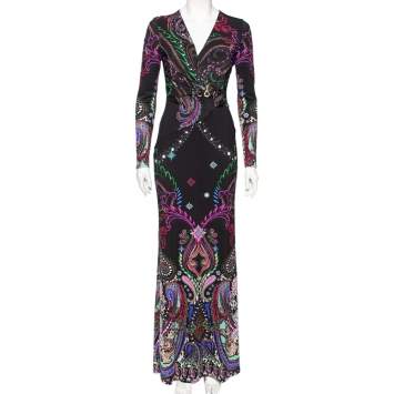 Pre Owned Roberto Cavalli Black Printed Jersey Plunge Neck Maxi Dress M