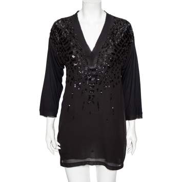 Pre Owned Roberto Cavalli Black Embellished Silk V-Neck Top M