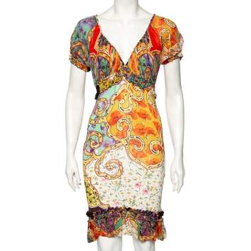 Pre Owned Roberto Cavalli Multicolor Printed Silk & Jersey Dress S