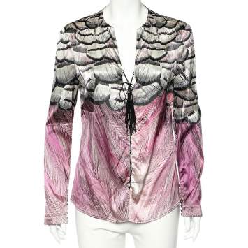 Pre Owned Roberto Cavalli Multicolor Printed Silk Tie Up Detail Top L