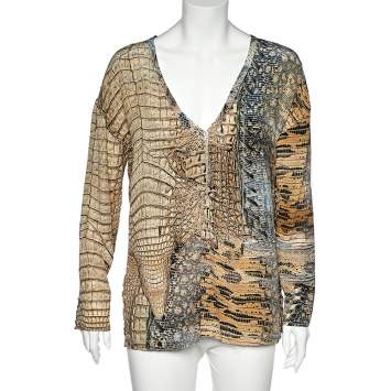 Pre Owned Roberto Cavalli Multicolor Printed Silk Lace Up Detail Top L