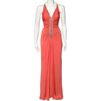 Pre Owned Roberto Cavalli Pink Jersey Embellished Neck Detail Sleeveless Dress M