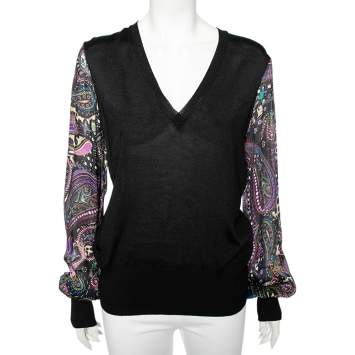 Pre Owned Roberto Cavalli Black Knit & Silk Inset V-Neck Top L