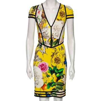 Pre Owned Roberto Cavalli Yellow Floral Printed Jersey Cap Sleeve Short Dress M