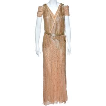 Pre Owned Roberto Cavalli Gold Bead Embellished Silk Overlay Belted Detail Maxi Dress M
