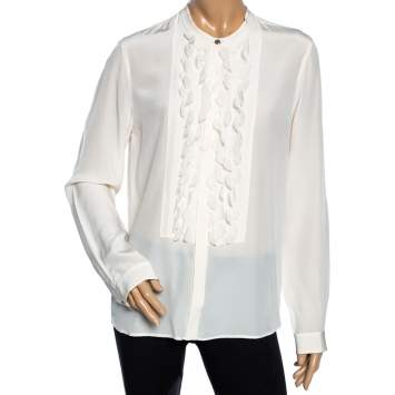 Pre Owned Roberto Cavalli Cream Silk Georgette Ruffled Neck Shirt L