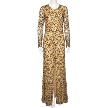 Pre Owned Roberto Cavalli Beige & Black Embellished Tule Maxi Cocktail Dress M