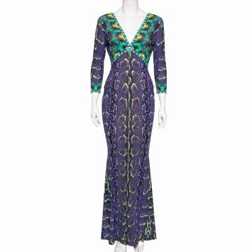 مملوكة مسبقًا Roberto Cavalli Purple Snake Print Jersey V-Neck Maxi Dress M 