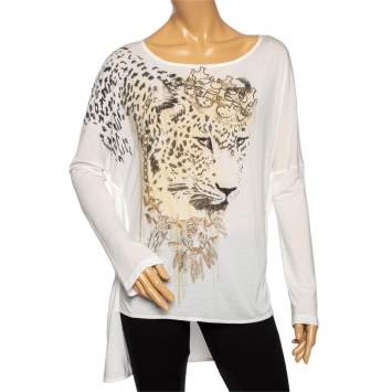 Pre Owned Roberto Cavalli White Embellished Tiger Print Modal Oversized Top S 