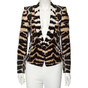 Pre Owned Roberto Cavalli Multicolored Animal & Snake Skin Print Silk Blazer M 