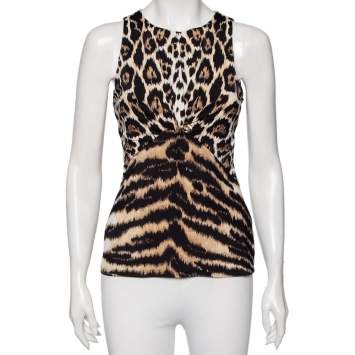 Pre Owned Roberto Cavalli Animal Print Jersey Gathered Detail Sleeveless Top M 