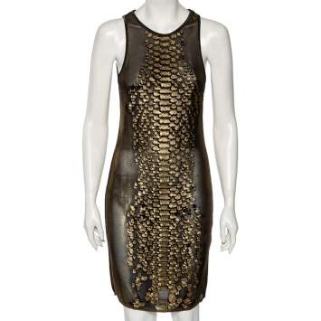 Pre Owned Roberto Cavalli Gold Scale Patterned Knit Short Dress M 