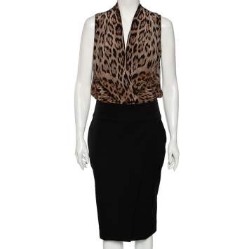 Pre Owned Roberto Cavalli Black & Animal Print Silk & Wool Sleeveless Dress M 