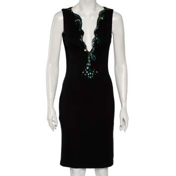 Pre Owned Roberto Cavalli Black Stretch Knit Embellished Plunge Neck Dress M 