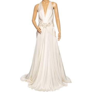 Pre Owned Roberto Cavalli Cream Silk Embellished Detail Pleated Gown M
