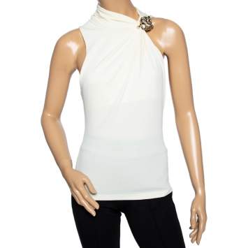 Pre Owned Roberto Cavalli Cream Jersey Ruched Detail Sleeveless Top M