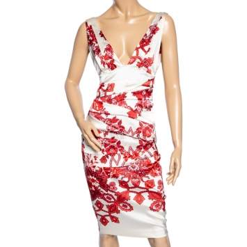 Pre Owned Roberto Cavalli Cream Printed Satin Tiered Sleeveless Dress S