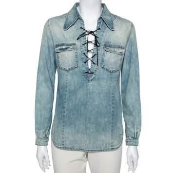 Pre Owned Roberto Cavalli Blue Denim Lace-Up Detail Long Sleeve Shirt S