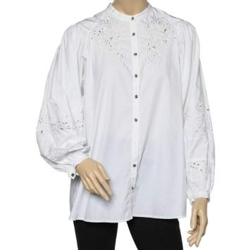 Pre Owned Roberto Cavalli White Cotton Floral Embroidery Detail Shirt M