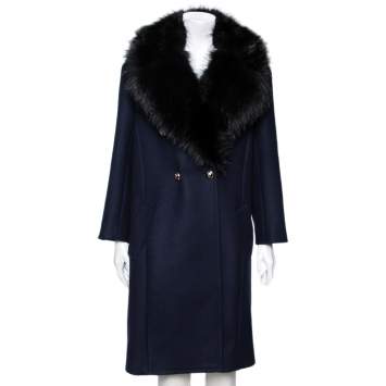 Pre Owned Roberto Cavalli Navy Blue Wool & Fur Trimmed Double Breasted Coat M